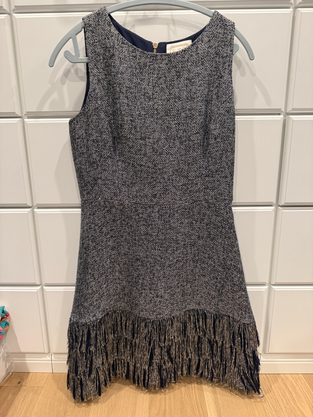 BNWT SAIL to SABLE Tweed Fringe Dress in Navy and Ivory
